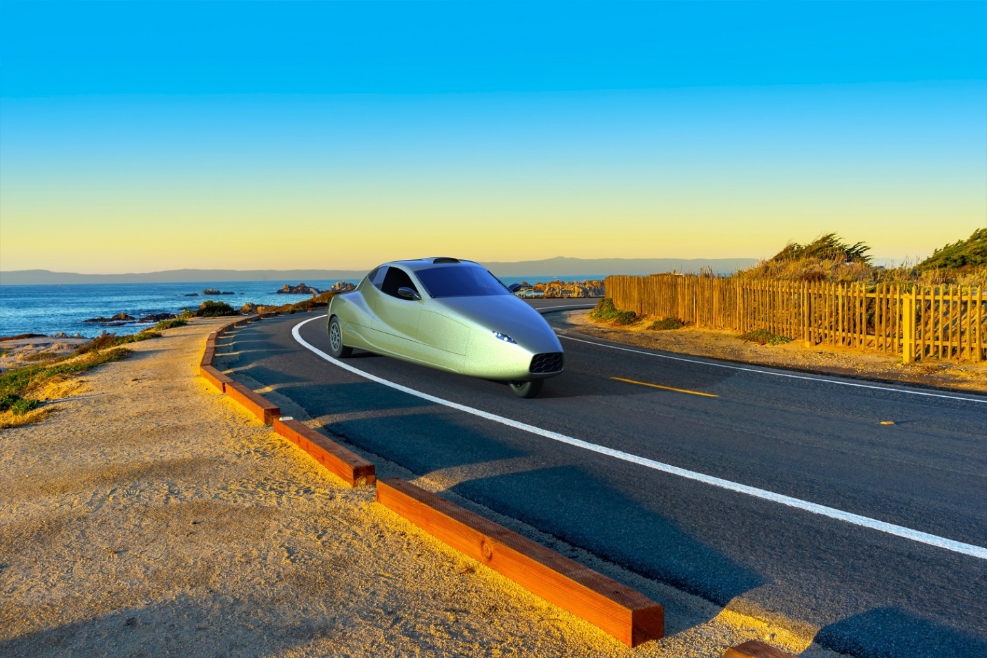 Flying car driving on the road